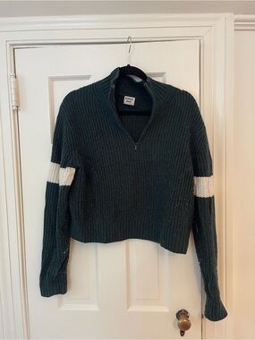 Sunday Best Forest Green Ribbed Half-Zip Sweater with White Sleeve Bands